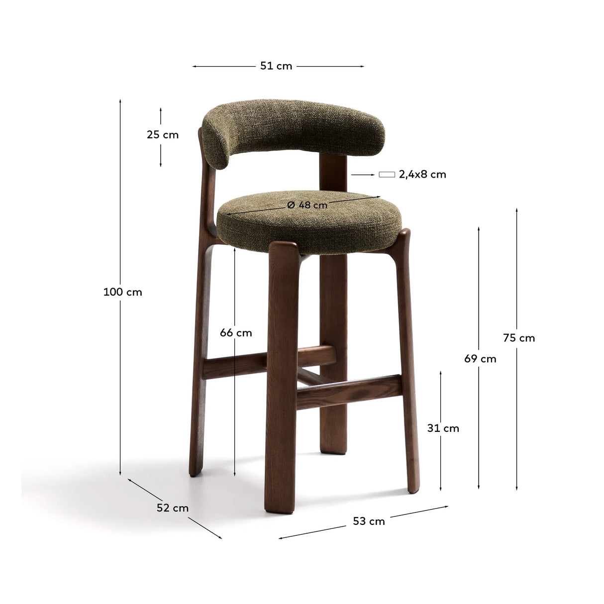 Hocker Granite aus grüner Chenille und massivem Eschenholz mit walnussholzfarbenem Finish, FSC 100%, 75 cm – Bild 4