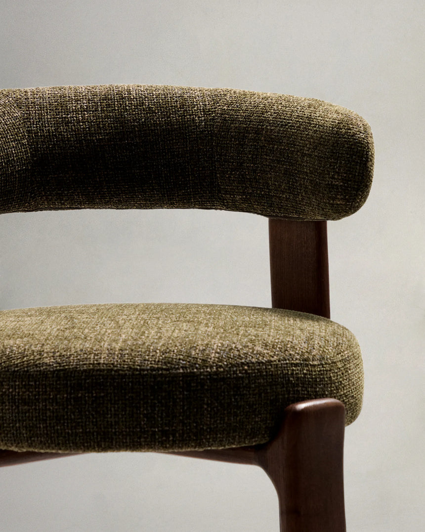 Hocker Granite aus grüner Chenille und massivem Eschenholz mit walnussholzfarbenem Finish, FSC 100%, 75 cm – Bild 8