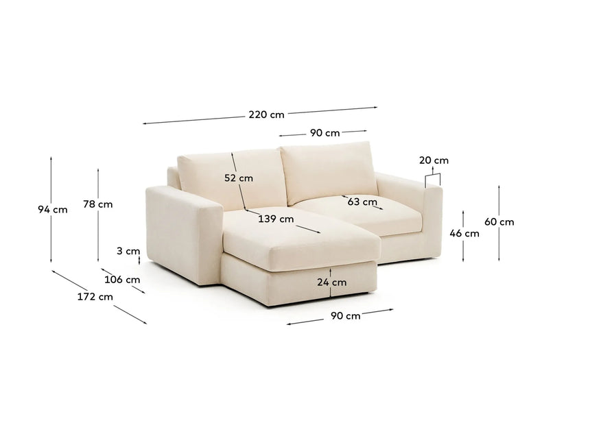 Modulares Sofa Alea für 3 Personen mit abnehmbarem Bezug aus Chenille mit Chaiselongue in Ecru, 220 cm – Bild 5