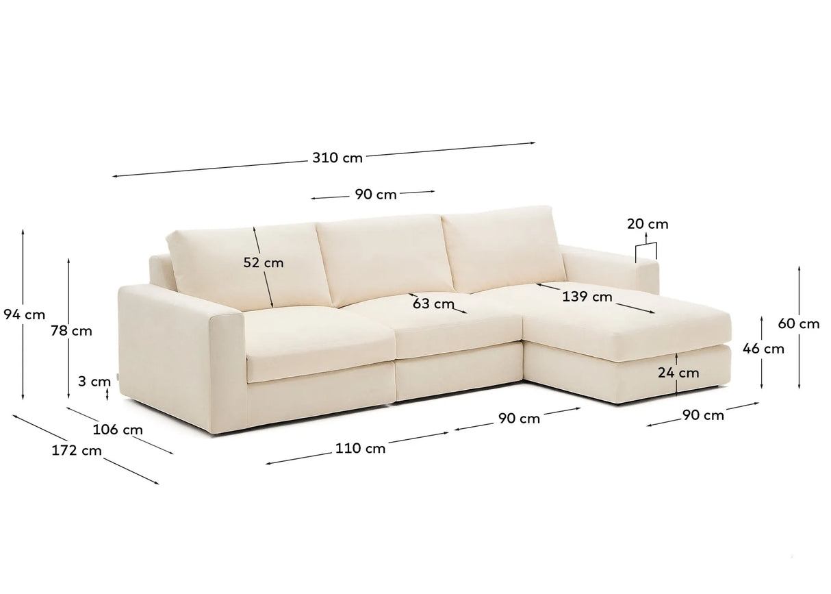 Modulares Sofa Alea für 4 Personen mit abnehmbarem Bezug aus Chenille mit Chaiselongue in Ecru, 310 cm – Bild 5