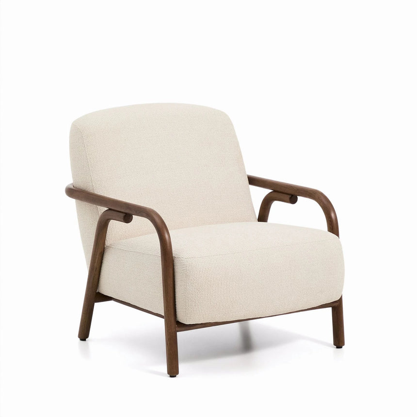 Sessel Sylo aus beiger Chenille und massivem Eschenholz mit nussbaumfarbenem Finish, FSC 100 % – Bild 1