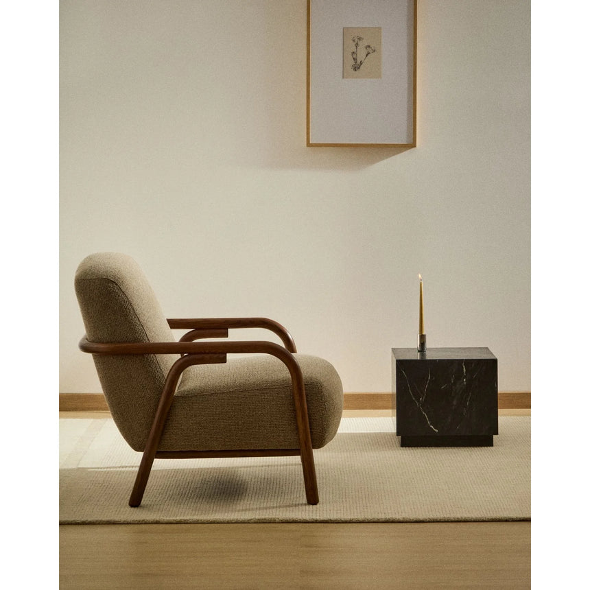Sessel Sylo aus taupefarbener Chenille und massivem Eschenholz mit nussbaumfarbenem Finish, FSC 100 % – Bild 2
