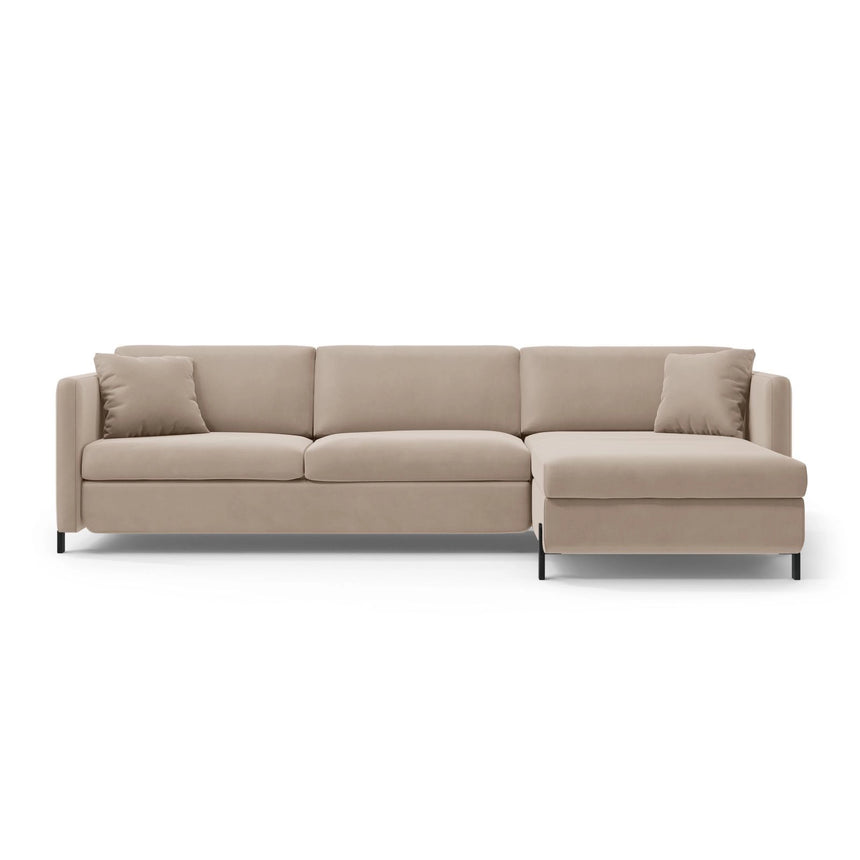 Gloria 4-Sitzer Ecksofa mit Schlaffunktion und Bettkasten, Rechte Seite, aus Samt in Beige (Salvador 1), 266x170 cm von Micadoni – Bild 1