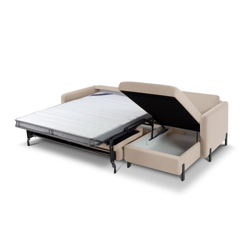 Gloria 4-Sitzer Ecksofa mit Schlaffunktion und Bettkasten, Rechte Seite, aus Samt in Beige (Salvador 1), 266x170 cm von Micadoni – Bild 5