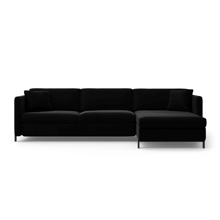 Gloria 4-Sitzer Ecksofa mit Schlaffunktion und Bettkasten, Rechte Seite, aus Samt in Schwarz (Salvador 19), 266x170 cm von Micadoni – Bild 1