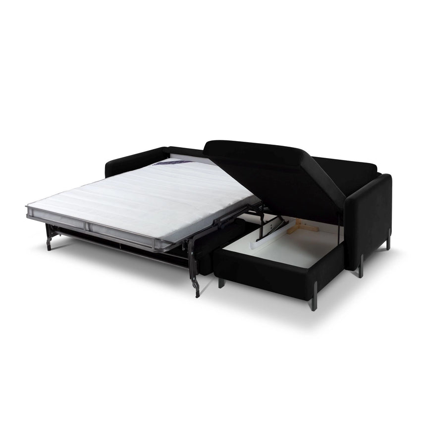 Gloria 4-Sitzer Ecksofa mit Schlaffunktion und Bettkasten, Rechte Seite, aus Samt in Schwarz (Salvador 19), 266x170 cm von Micadoni – Bild 5