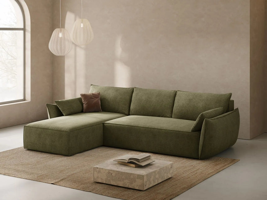Kaelle 4-Sitzer Ecksofa mit Schlaffunktion und Bettkasten, Linke Seite, aus Chenille in Grün (Over The Horizon 38), 252x165 cm von Micadoni – Bild 2