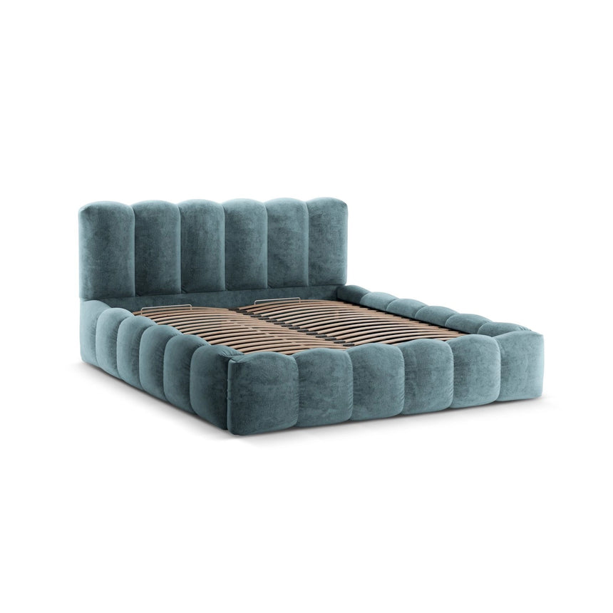 Lupine Bett mit Kopfteil und Stauraum aus Chenille in Blau Jeans (Loris 75), 180x200 cm von Micadoni – Bild 6