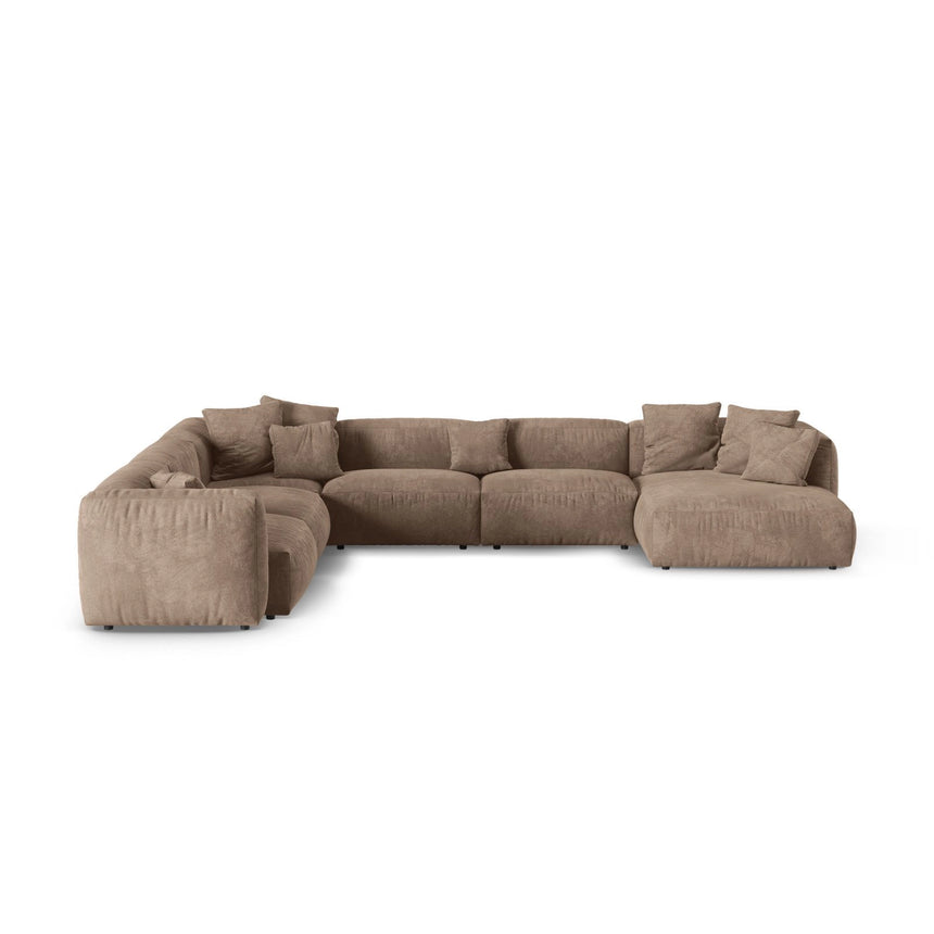 Martina Modulares Panoramasofa, Linke Seite, Sitztiefe 90 cm, aus Samt in Dunkelbeige (Vogue 3), 420x330 cm von Micadoni – Bild 1
