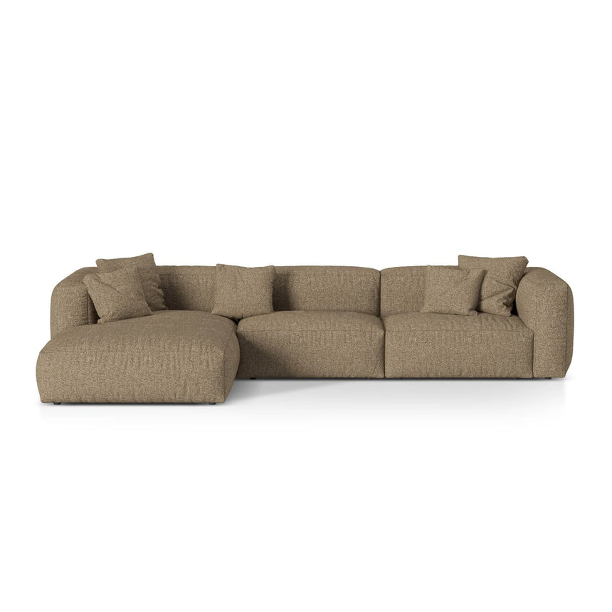 Martina modulares Ecksofa, Linke Seite, Sitztiefe 76 cm, aus Boucle in Cappuccino (Monet Cappucino), 330x176 cm von Micadoni – Bild 1