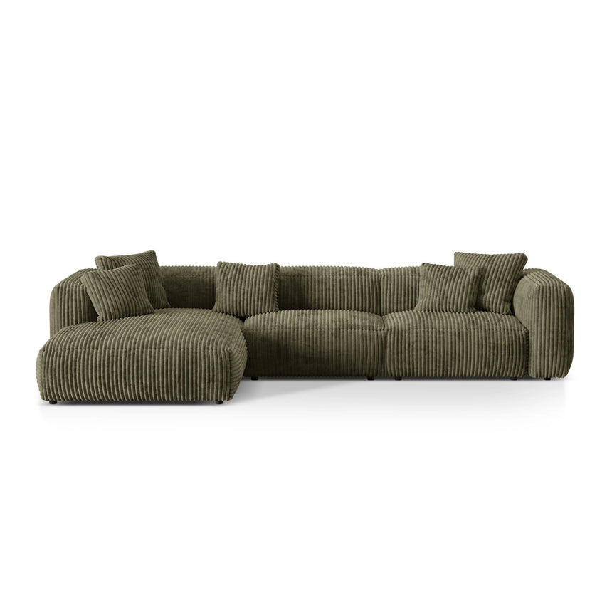 Martina modulares Ecksofa, Linke Seite, Sitztiefe 76 cm, aus Cord in Moosgrün (Tilia 37), 330x176 cm von Micadoni – Bild 1