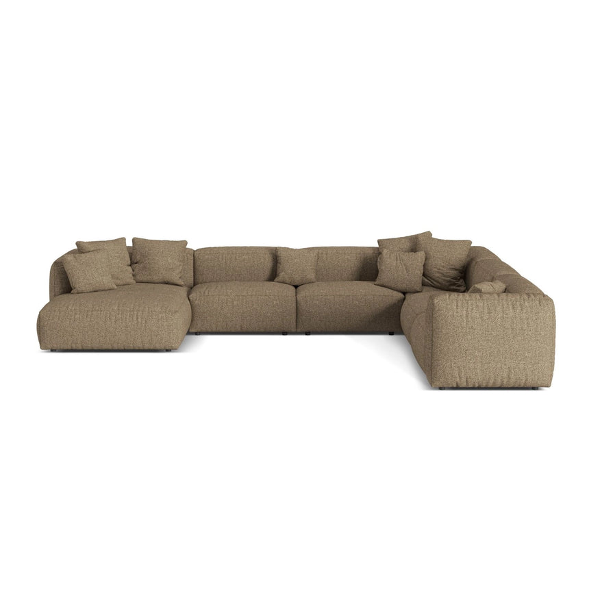 Martina modulares Panoramasofa, Rechte Seite, Sitztiefe 76 cm, aus Boucle in Cappuccino (Monet Cappucino), 406x316 cm von Micadoni – Bild 1