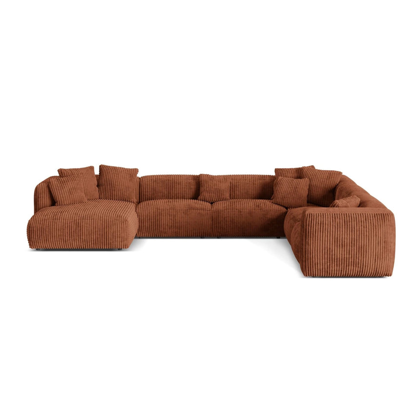 Martina modulares Panoramasofa, Rechte Seite, Sitztiefe 76 cm, aus Cord in Brick (Tilia 52), 406x316 cm von Micadoni – Bild 1