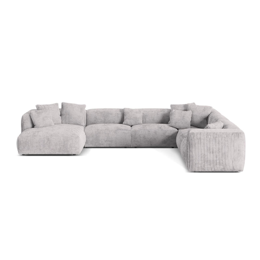Martina modulares Panoramasofa, Rechte Seite, Sitztiefe 76 cm, aus Cord in Hellgrau (Tilia 86), 406x316 cm von Micadoni – Bild 1