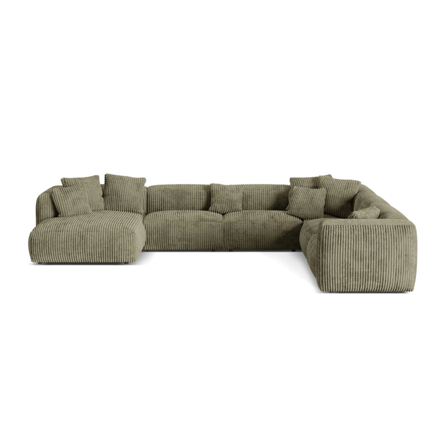Martina modulares Panoramasofa, Rechte Seite, Sitztiefe 76 cm, aus Cord in Moosgrün (Tilia 37), 406x316 cm von Micadoni – Bild 1