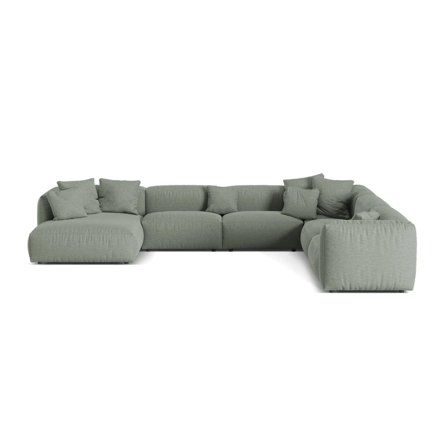 Martina modulares Panoramasofa, Rechte Seite, Sitztiefe 76 cm, aus Strukturierter Stoff in Moosgrün (Boston Water Green), 406x316 cm von Micadoni – Bild 1