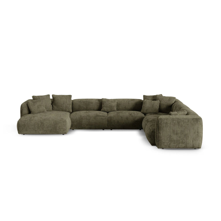 Martina modulares Panoramasofa, Rechte Seite, Sitztiefe 90 cm, aus Cord in Moosgrün (Tilia 37), 420x330 cm von Micadoni – Bild 1