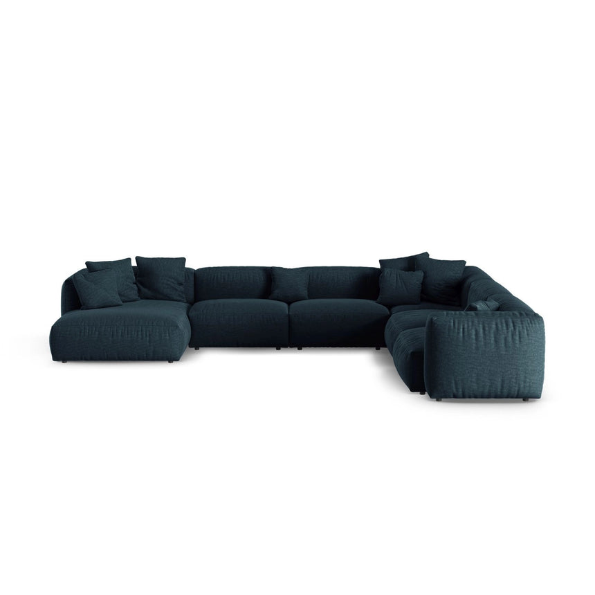 Martina modulares Panoramasofa, Rechte Seite, Sitztiefe 90 cm, aus Strukturierter Stoff in Blau Jeans (Boston Ocean), 420x330 cm von Micadoni – Bild 1