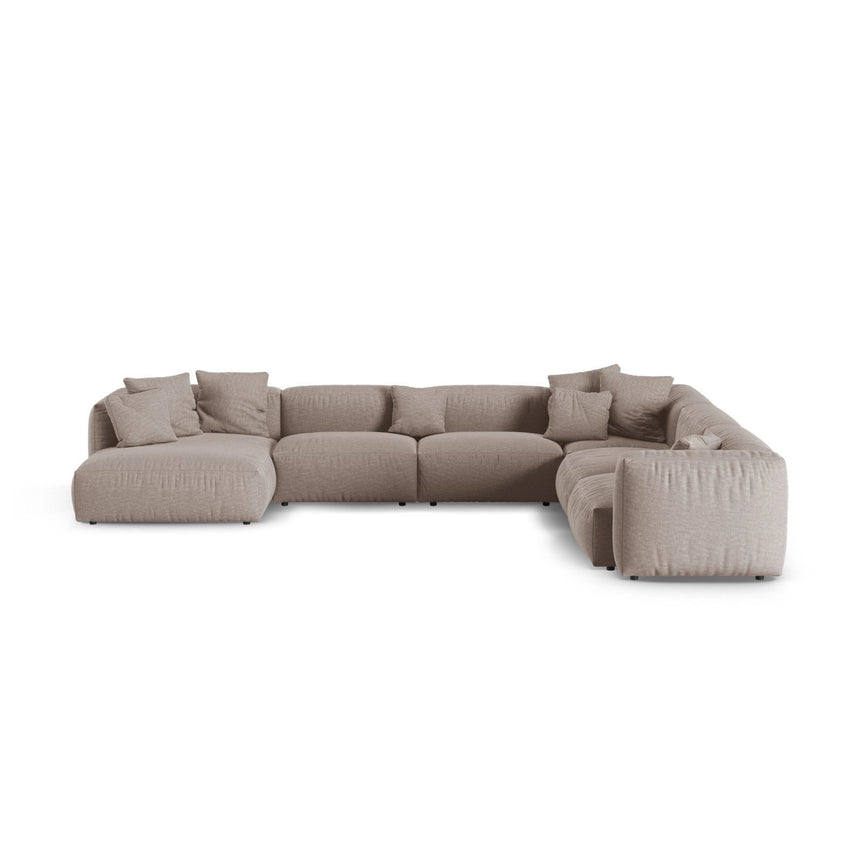 Martina modulares Panoramasofa, Rechte Seite, Sitztiefe 90 cm, aus Strukturierter Stoff in Dunkelbeige (Boston Trufa), 420x330 cm von Micadoni – Bild 1