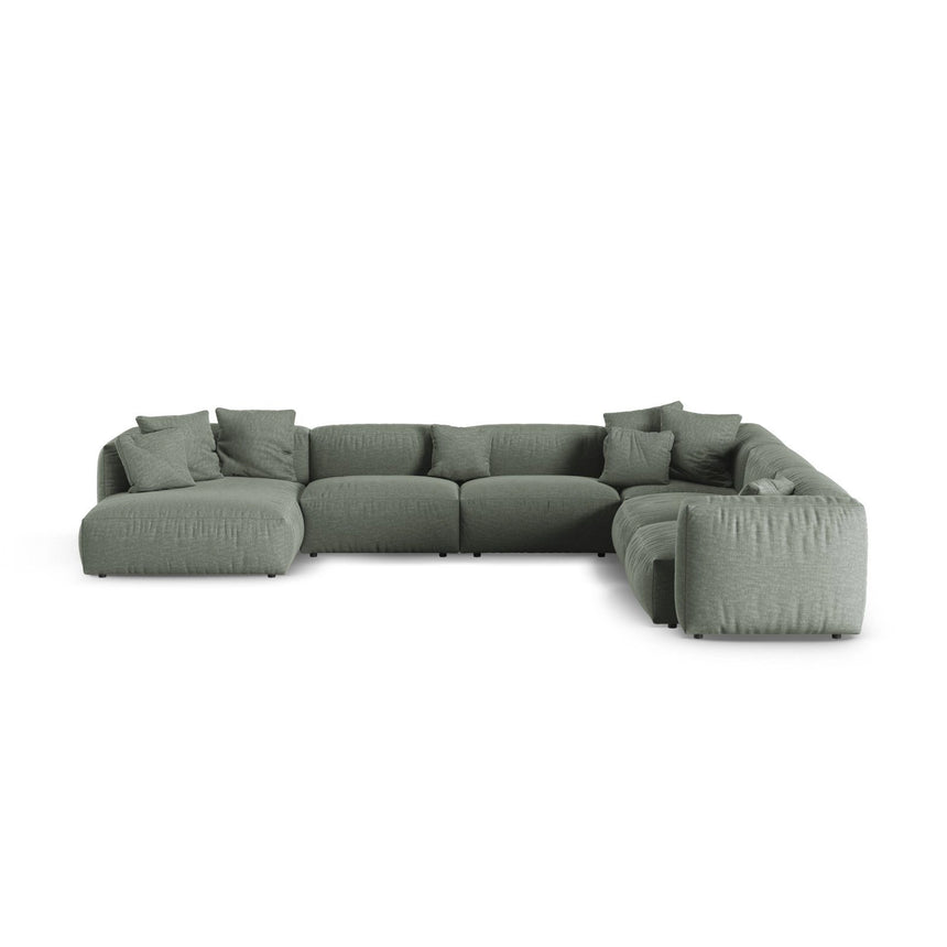 Martina modulares Panoramasofa, Rechte Seite, Sitztiefe 90 cm, aus Strukturierter Stoff in Moosgrün (Boston Water Green), 420x330 cm von Micadoni – Bild 1