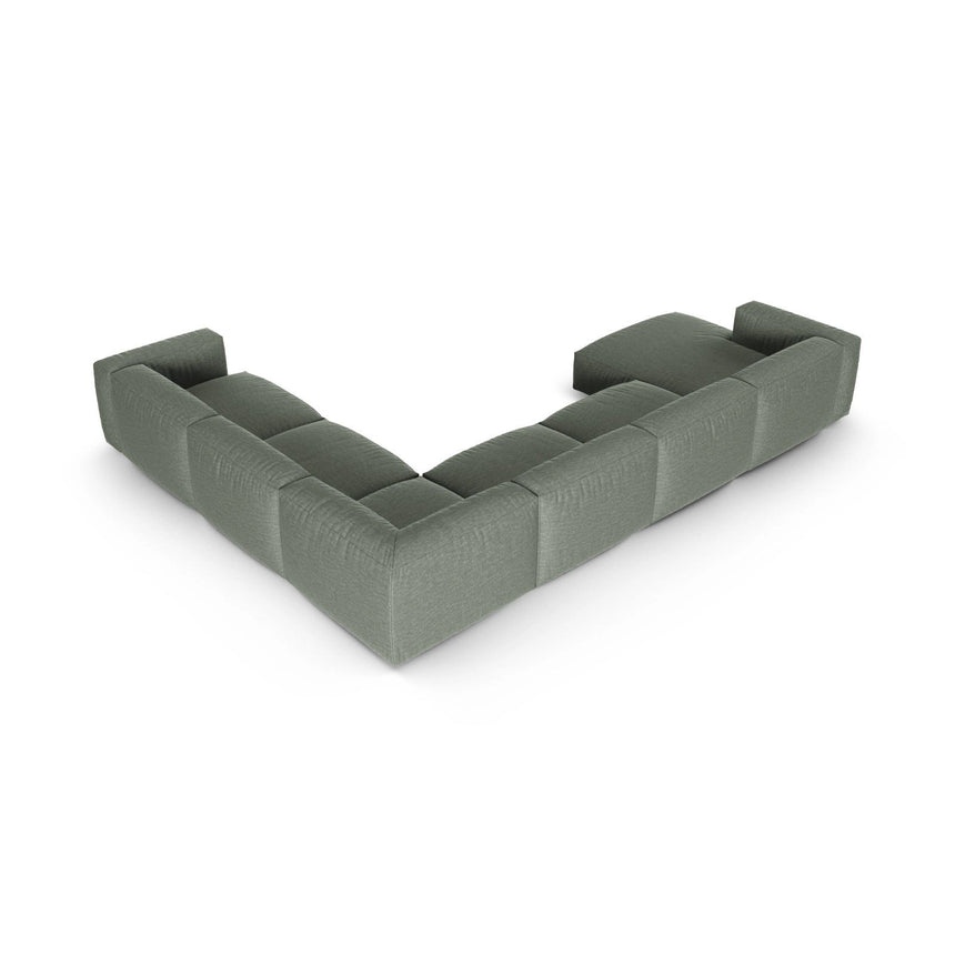 Martina modulares Panoramasofa, Rechte Seite, Sitztiefe 90 cm, aus Strukturierter Stoff in Moosgrün (Boston Water Green), 420x330 cm von Micadoni – Bild 5
