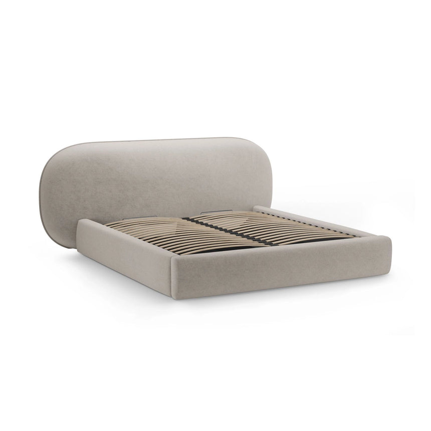 Ovalo Bett mit Kopfteil und Stauraum aus Chenille in Beige (Perfect Harmony 04), 180x200 cm von Micadoni – Bild 3