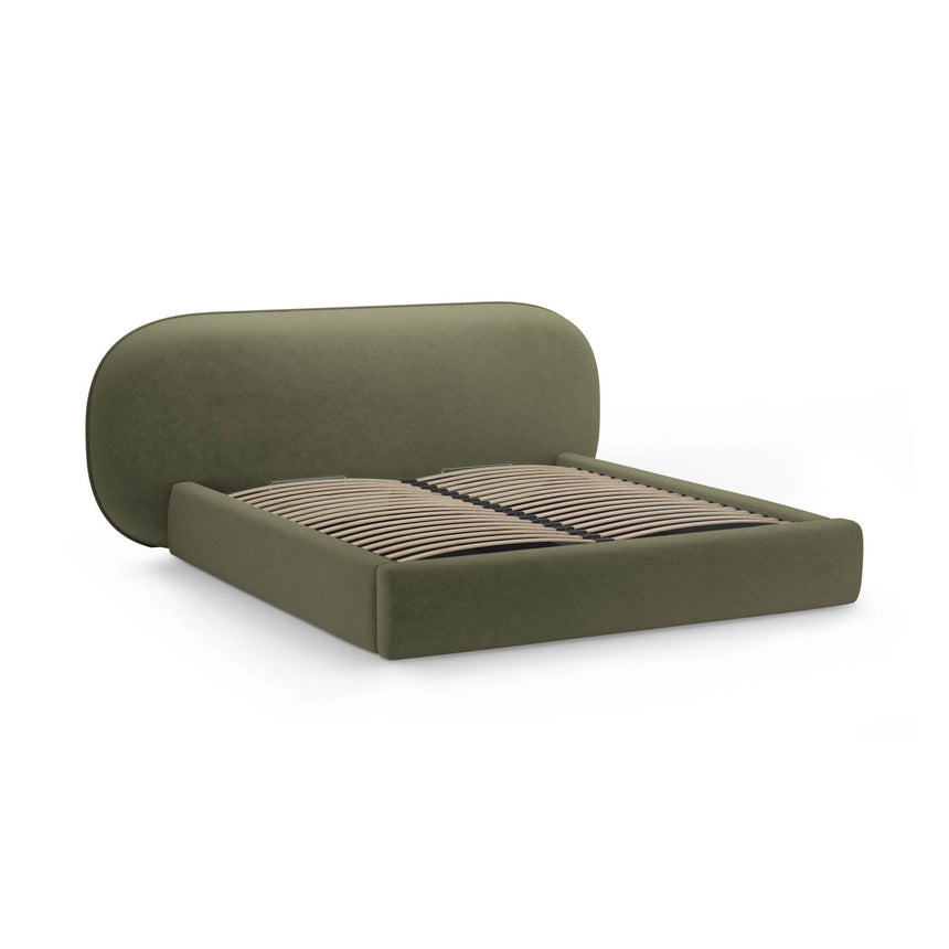 Ovalo Bett mit Kopfteil und Stauraum aus Chenille in Grün (Perfect Harmony 39), 200x200 cm von Micadoni – Bild 3