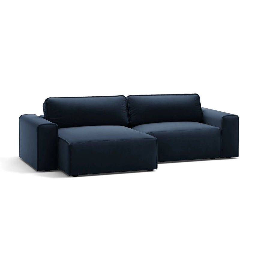 Victor 3-Sitzer Ecksofa, Linke Seite, ausziehbar mit Schlaffunktion und Bettkasten, aus Samt in Dunkelblau (Paris Deep Blue), 246x148 cm von Micadoni – Bild 4