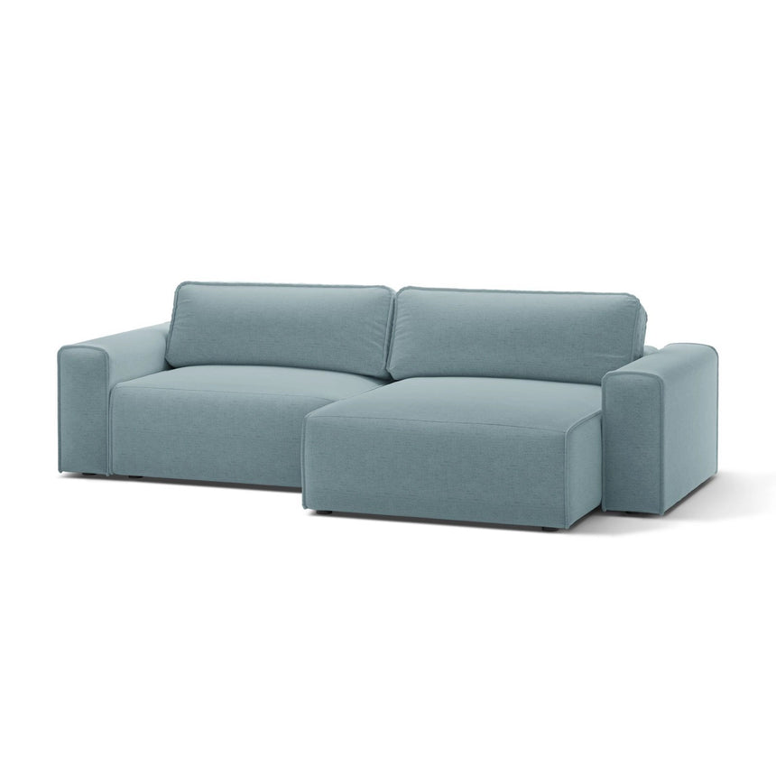 Victor 3-Sitzer Ecksofa, Rechte Seite, ausziehbar mit Schlaffunktion und Bettkasten, aus Strukturierter Stoff in Hellblau (Moly 74), 246x148 cm von Micadoni – Bild 4