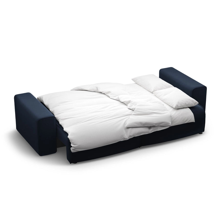 Victor 3-Sitzer Sofa, ausklappbar, mit Schlaffunktion und Bettkasten, aus Samt in Dunkelblau (Paris Deep Blue), 246x100 cm von Micadoni – Bild 7