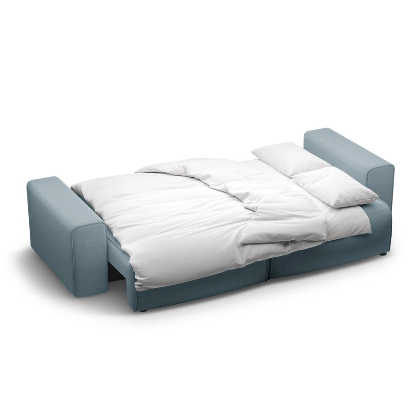 Victor 3-Sitzer Sofa, ausklappbar, mit Schlaffunktion und Bettkasten, aus Strukturierter Stoff in Hellblau (Moly 74), 246x100 cm von Micadoni – Bild 7