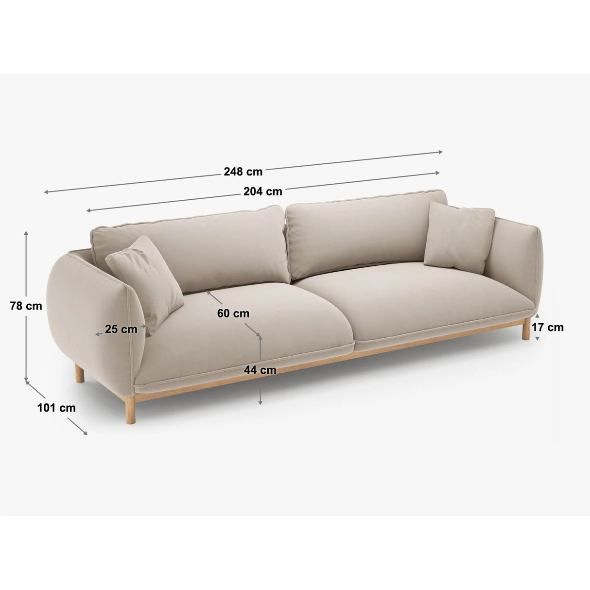 Ada 4-Sitzer Sofa aus Samt oder Strukturstoff, 248x101 cm – Bild 2