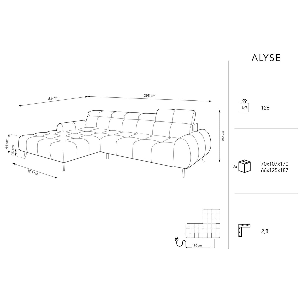 Alyse 5-Sitzer Ecksofa Links, elektrisch verstellbar, mit Bezug aus Samt (Bluvel 19) in Schwarz, 295x188 cm – Bild 3