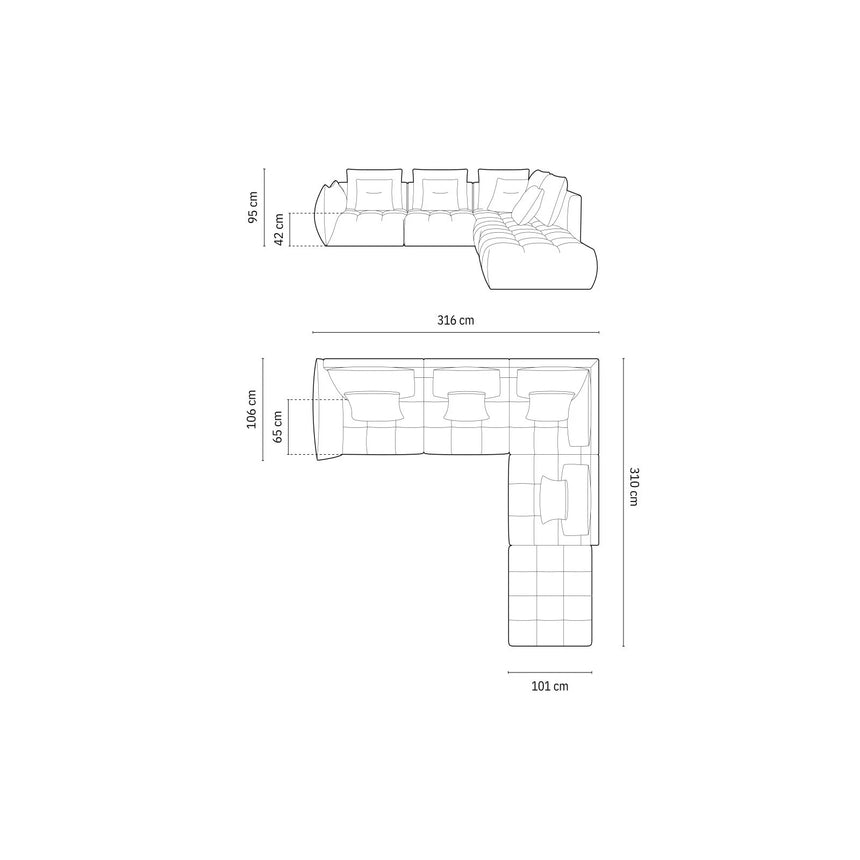 Bloom modulares 4-Sitzer Ecksofa Rechts, mit Bezug aus Samt (Casino Graphite) in Dunkelgrau, 316x310 cm – Bild 2