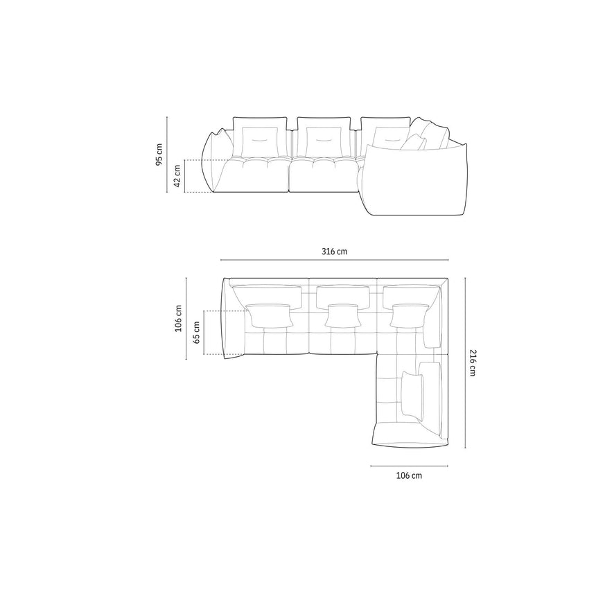 Bloom modulares 4-Sitzer Sofa mit Eckmodul Rechts, mit Bezug aus Samt oder Strukturstoff, 316x216 cm – Bild 2