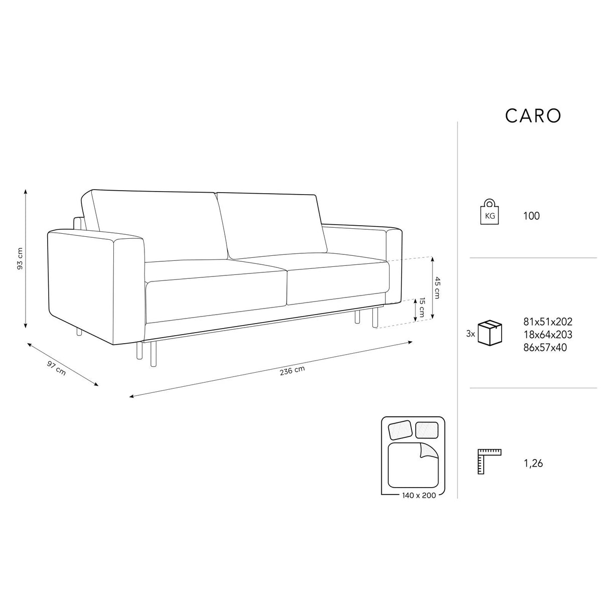 Caro 3-Sitzer Sofa mit Schlaffunktion, in Samt (Blu89) in Dunkelblau, 236x97 cm – Bild 3