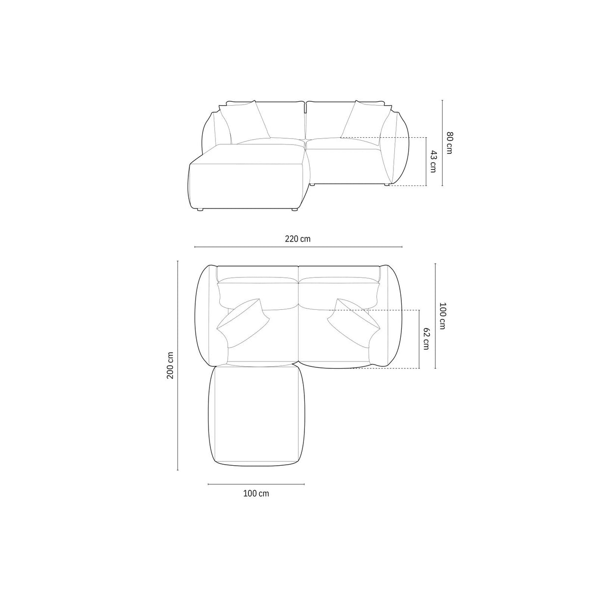 Chris 3-Sitzer Ecksofa mit Poufmodul in Leinenoptik aus Samt oder Strukturstoff, 220x200 cm – Bild 3