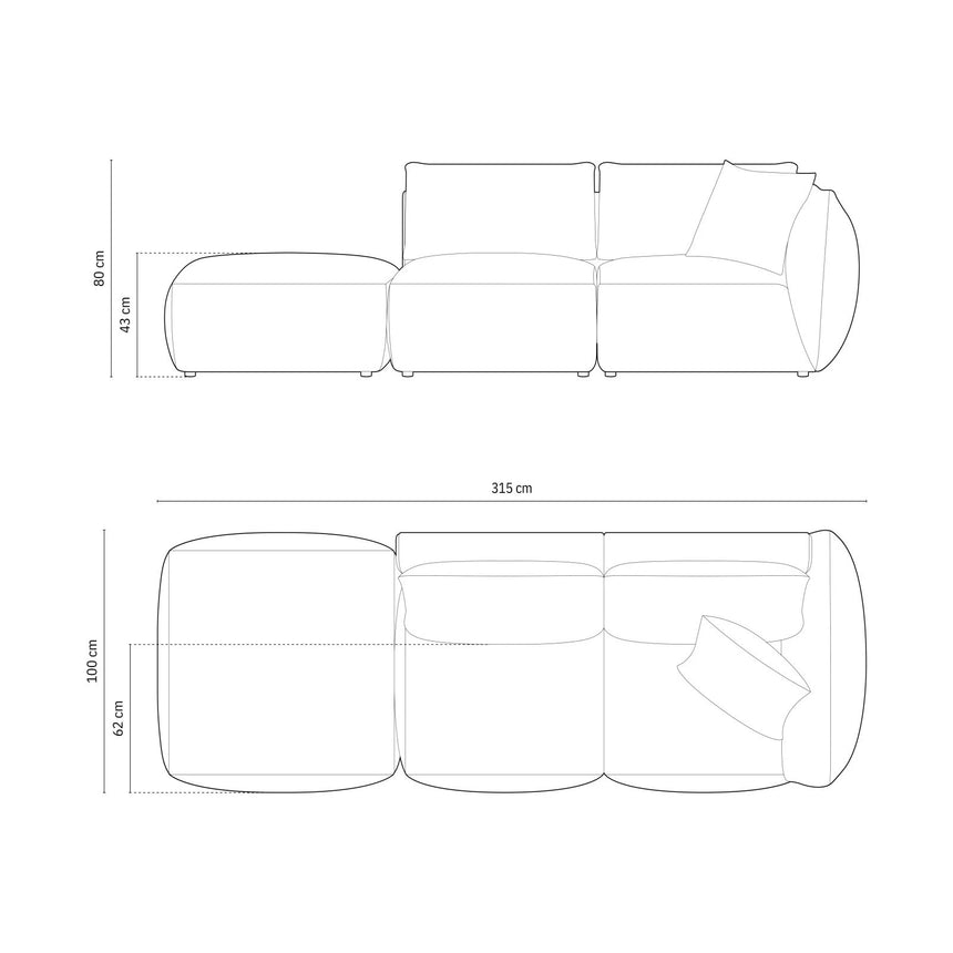 Chris 3-Sitzer Sofa, Links, mit Poufmodul, in Leinenoptik aus Samt (CasGraph) in Dunkelgrau, 315x100 cm – Bild 3