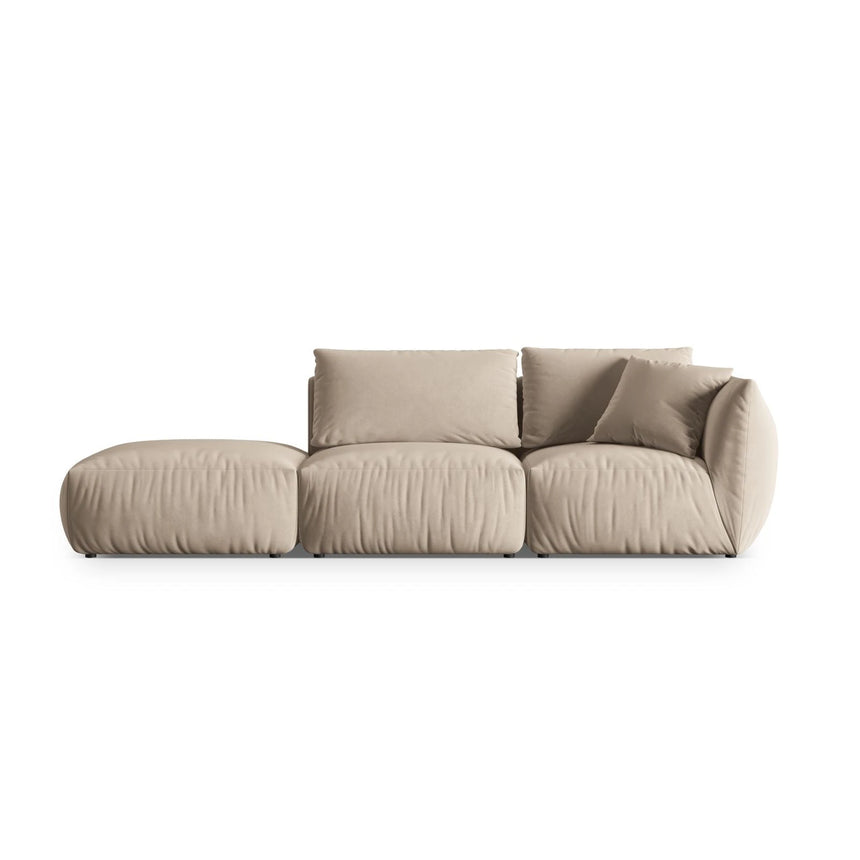 Chris 3-Sitzer Sofa, Links, mit Poufmodul, in Leinenoptik aus Samt oder Strukturstoff, 315x100 cm – Bild 1