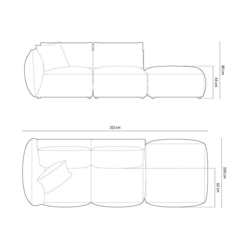 Chris 3-Sitzer Sofa, Rechts, mit Poufmodul, in Leinenoptik aus Samt (CasGraph) in Dunkelgrau, 315x100 cm – Bild 3