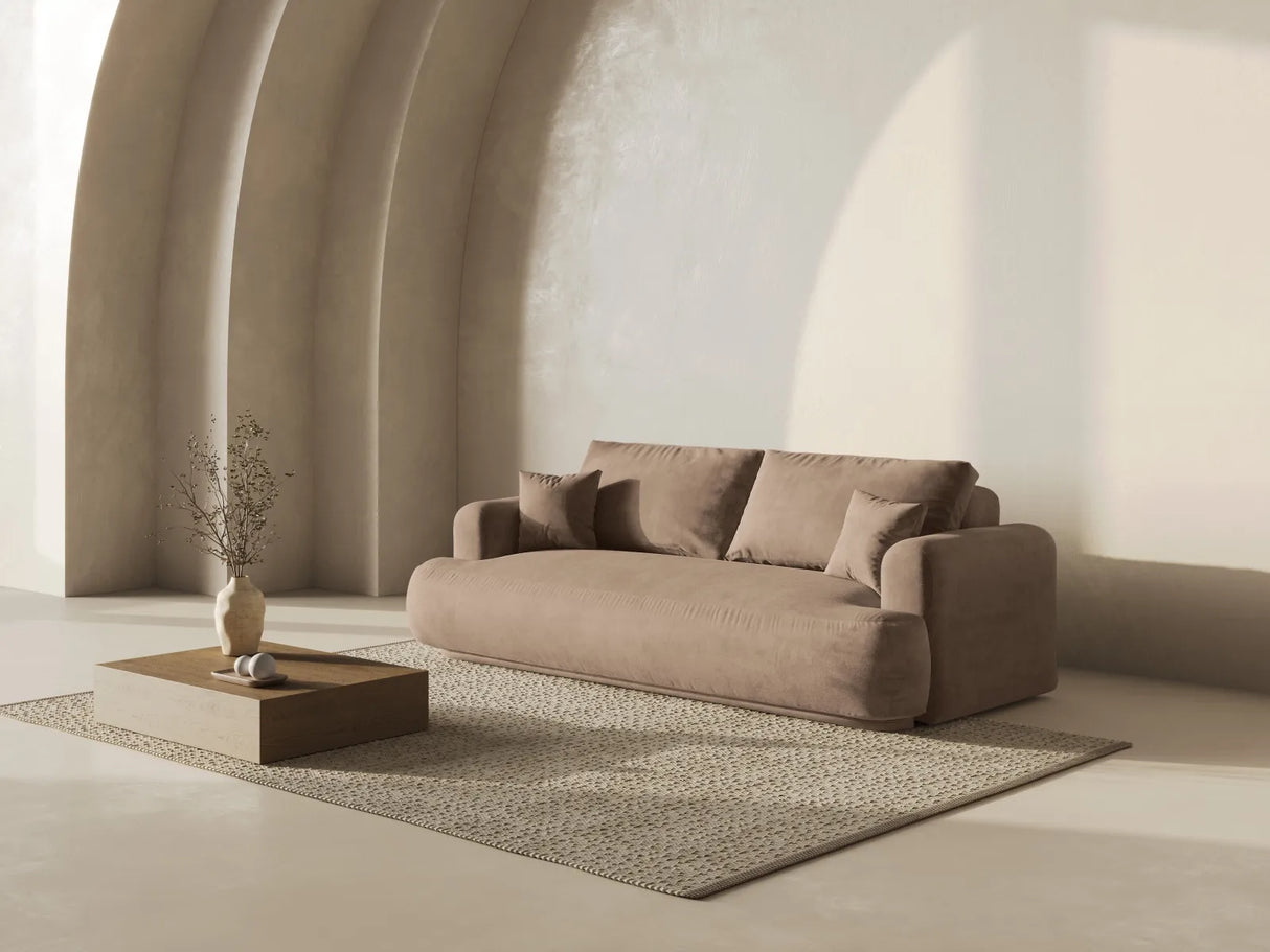 Ella 3-Sitzer Sofa mit Schlaffunktion und Bettkasten Bezug aus Samt (Vog3) in Dunkelbeige, 253x108 cm – Bild 8
