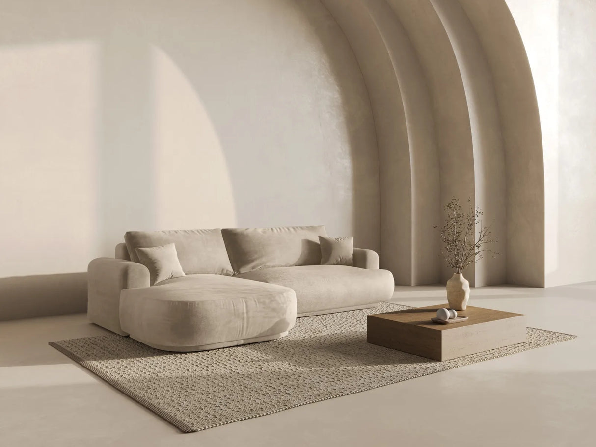 Ella 4-Sitzer Ecksofa Links mit Schlaffunktion und Bettkasten Bezug aus Samt, Strukturstoff oder Boucle, 271x174 cm – Bild 1