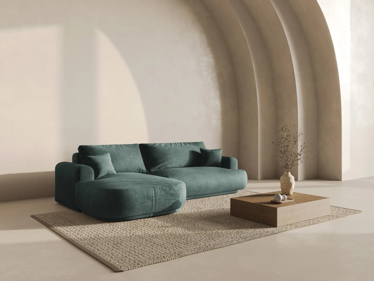 Ella 4-Sitzer Ecksofa Links mit Schlaffunktion und Bettkasten mit Bezug aus Samt (Vog12) in Petrol, 271x174 cm – Bild 8