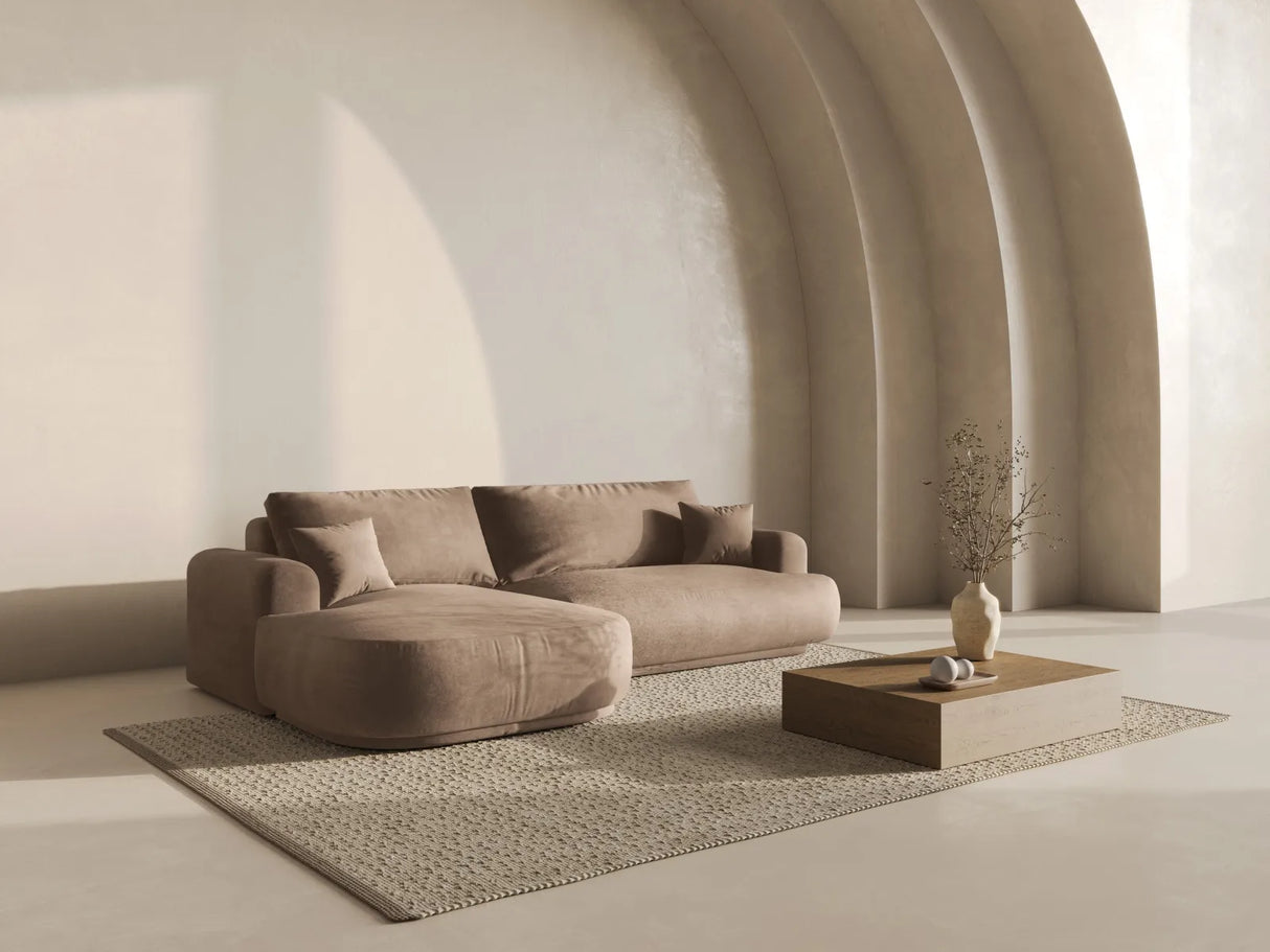 Ella 4-Sitzer Ecksofa Links mit Schlaffunktion und Bettkasten mit Bezug aus Samt (Vog3) in Dunkelbeige, 271x174 cm – Bild 8