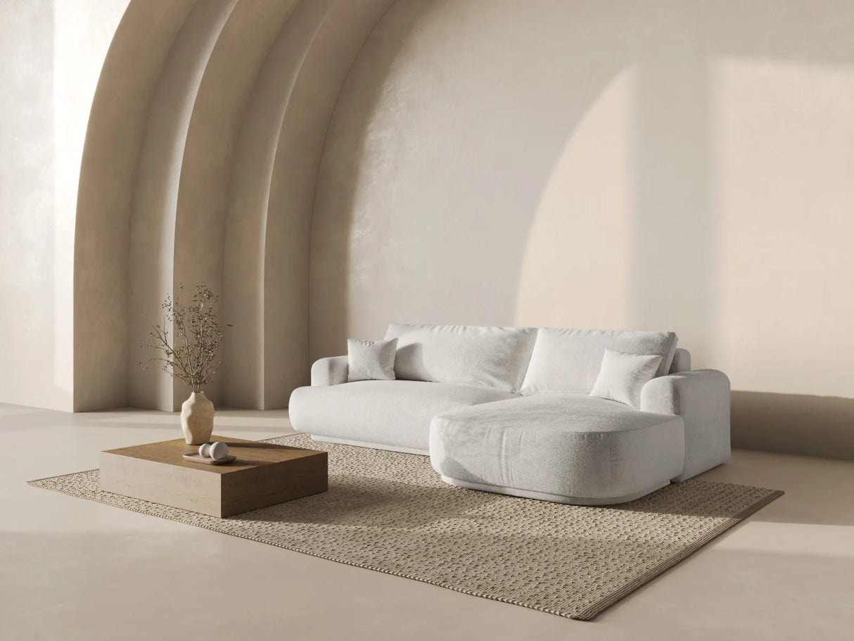 Ella 4-Sitzer Ecksofa Rechts mit Schlaffunktion und Bettkasten Bezug aus Boucle (COR65) in Leichtes Beige, 271x174 cm – Bild 8