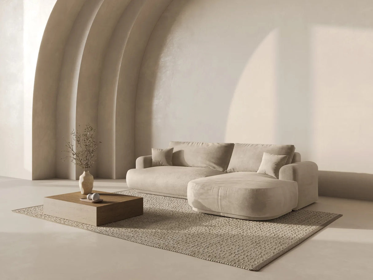 Ella 4-Sitzer Ecksofa Rechts mit Schlaffunktion und Bettkasten Bezug aus Samt, Strukturstoff oder Boucle, 271x174 cm – Bild 8