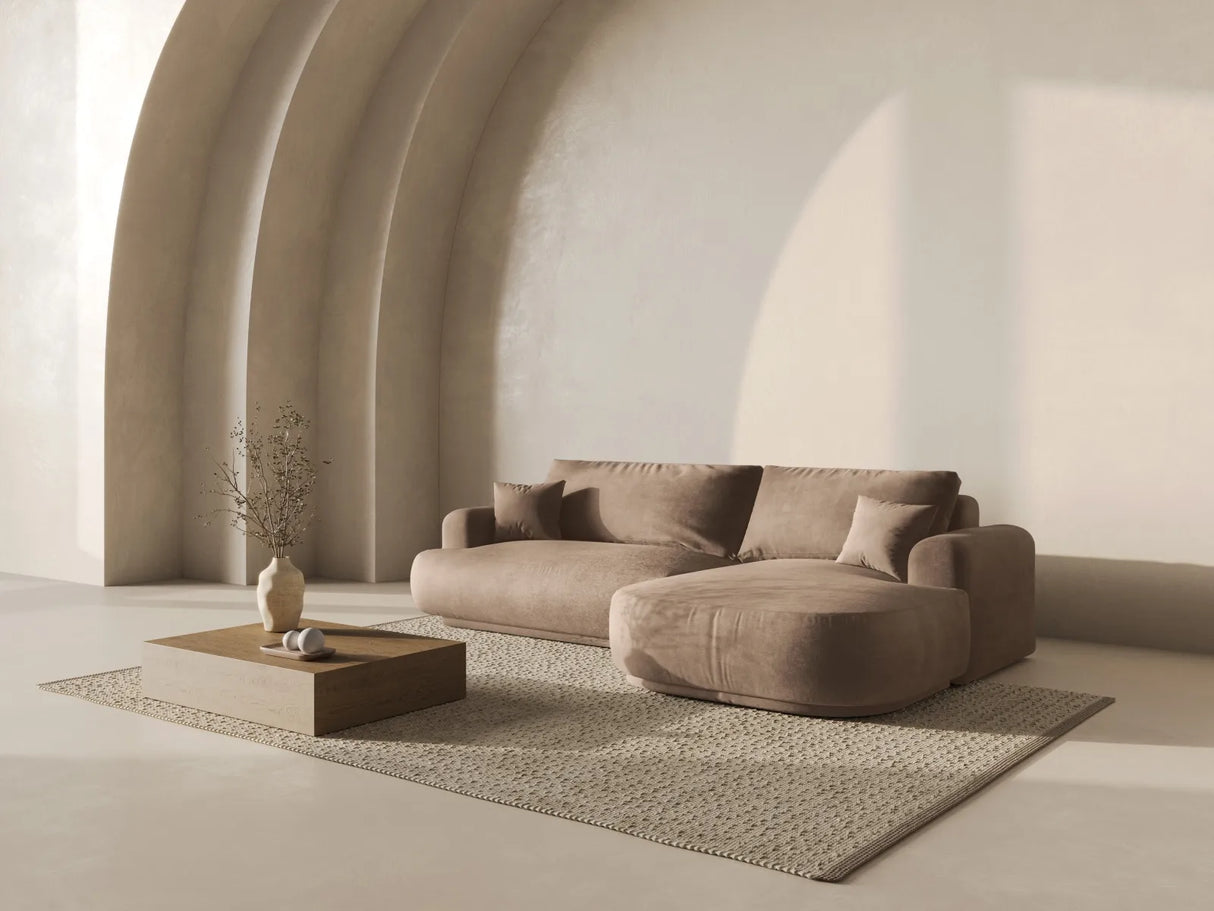 Ella 4-Sitzer Ecksofa Rechts mit Schlaffunktion und Bettkasten Bezug aus Samt (Vog3) in Dunkelbeige, 271x174 cm – Bild 1