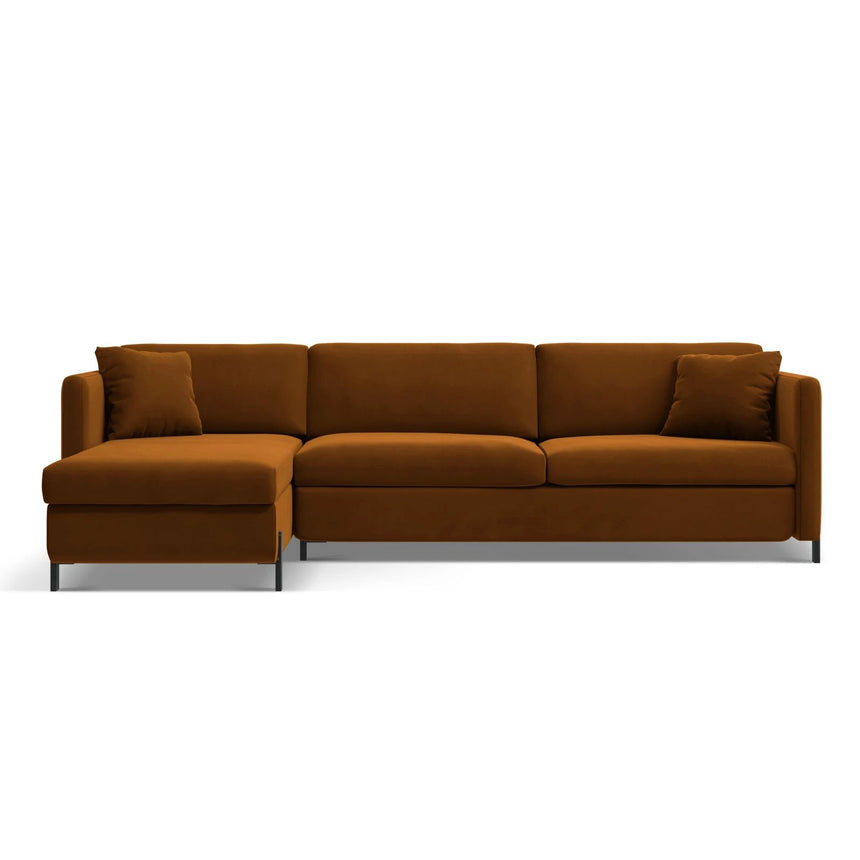 Gloria 4-Sitzer Ecksofa Links, ausklappbar, mit Schlaffunktion, mit Bezug aus Samt (Sal15) in Braun, 260x170 cm – Bild 1