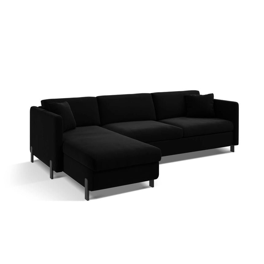Gloria 4-Sitzer Ecksofa Links, ausklappbar, mit Schlaffunktion, mit Bezug aus Samt (Sal19) in Schwarz, 280x170 cm – Bild 4