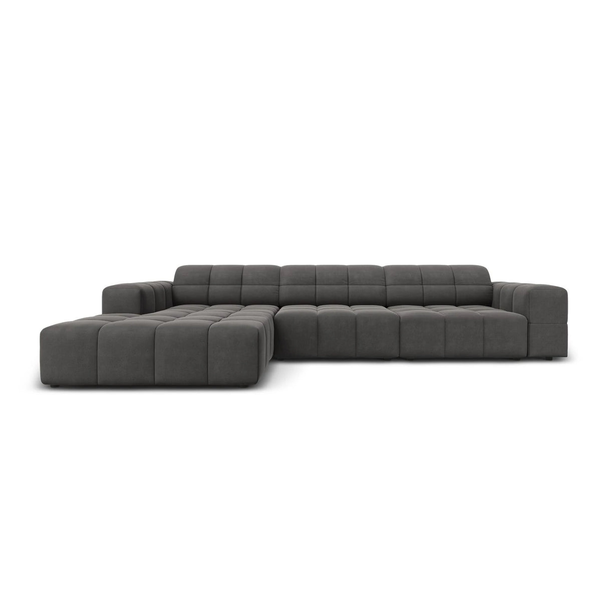 Jennifer 4-Sitzer Ecksofa, Linke Seite, mit Bezug aus Samt (Bluvel 14) in Grau, 284x166 cm – Bild 1